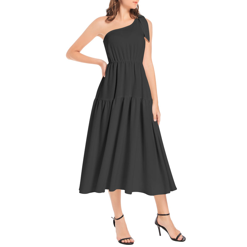 Black Ruffle Hem One Shoulder Midi Dress - Objet D'Art