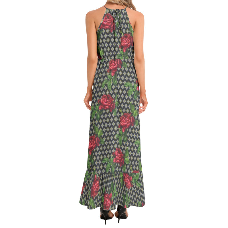 Rose Print Ruffle Hem Halter Neck Maxi Dress - Objet D'Art