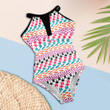 color geo print 7AA Women's High Neck Plunge Mesh Ruched Swimsuit (S43) - Objet D'Art