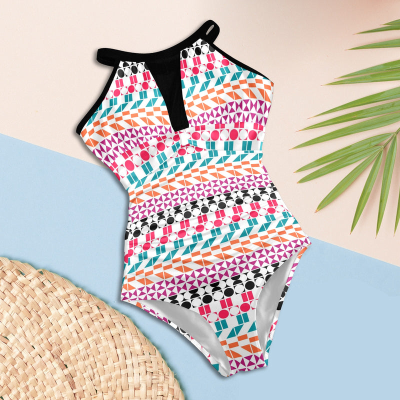 color geo print 7AA Women's High Neck Plunge Mesh Ruched Swimsuit (S43) - Objet D'Art