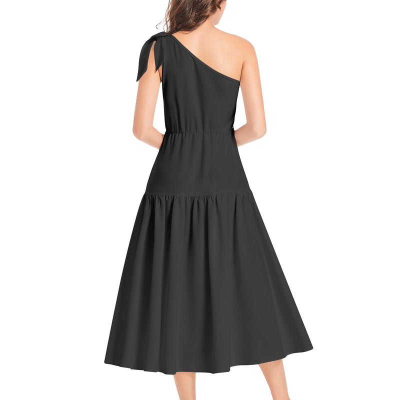 Black Ruffle Hem One Shoulder Midi Dress - Objet D'Art
