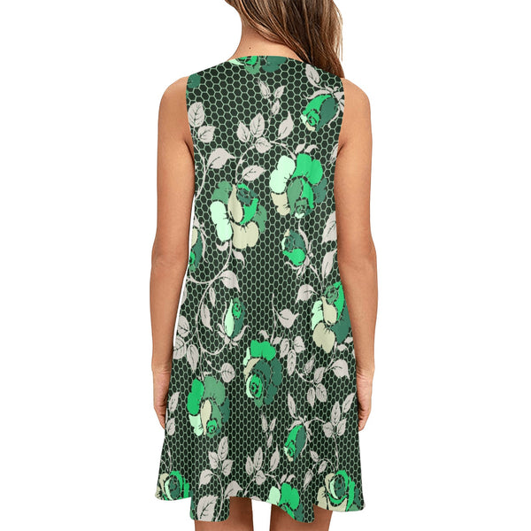 green rose print 2 Sleeveless A-Line Pocket Dress (Model D57) - Objet D'Art