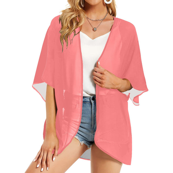 salmon solid one Women's Kimono Chiffon Cover Up (Model H51) - Objet D'Art