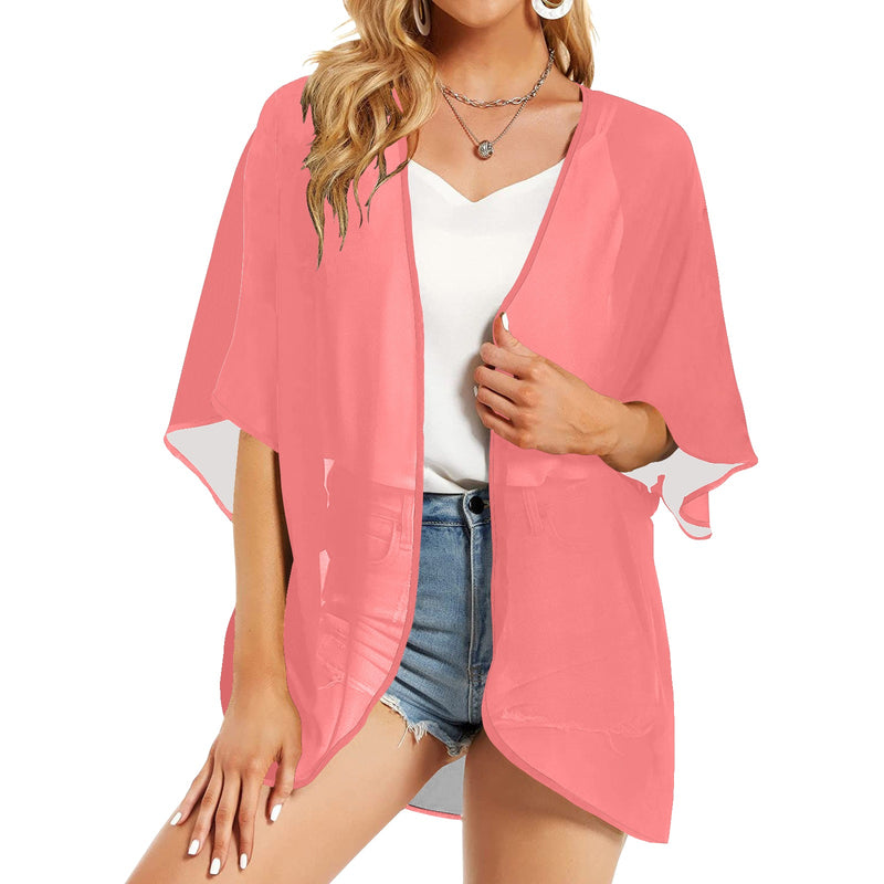 salmon solid one Women's Kimono Chiffon Cover Up (Model H51) - Objet D'Art