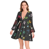 Zodiac Zone Lantern Sleeve Deep V-Neck Short Dress - Objet D'Art