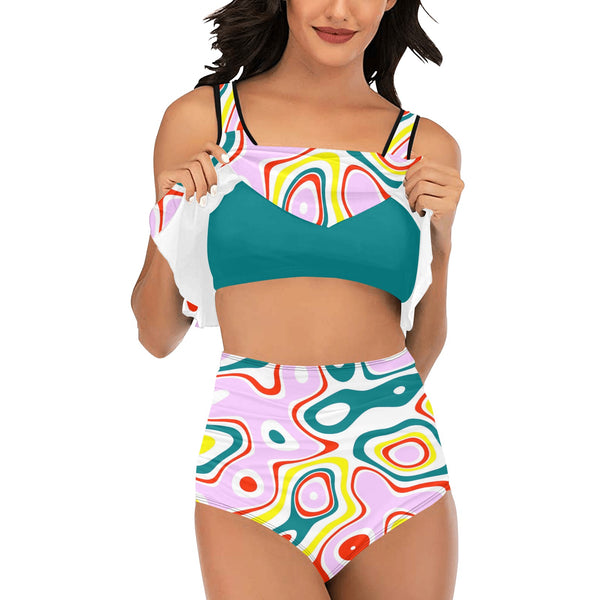 colored splat print 2 High Waisted Flounce Bikini Set (Model S24) - Objet D'Art