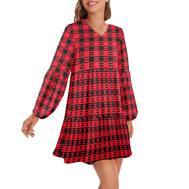 red black dashes print 2 V-Neck Loose Fit Dress (Model D66) - Objet D'Art