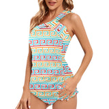 greek key print 2 A C Women's One Shoulder Backless Swimsuit (Model S44) - Objet D'Art