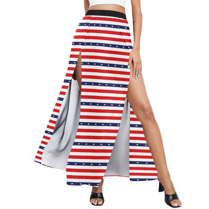 americana stars and stripes striped print 2 High Slit Long Beach Dress (Model S40) - Objet D'Art