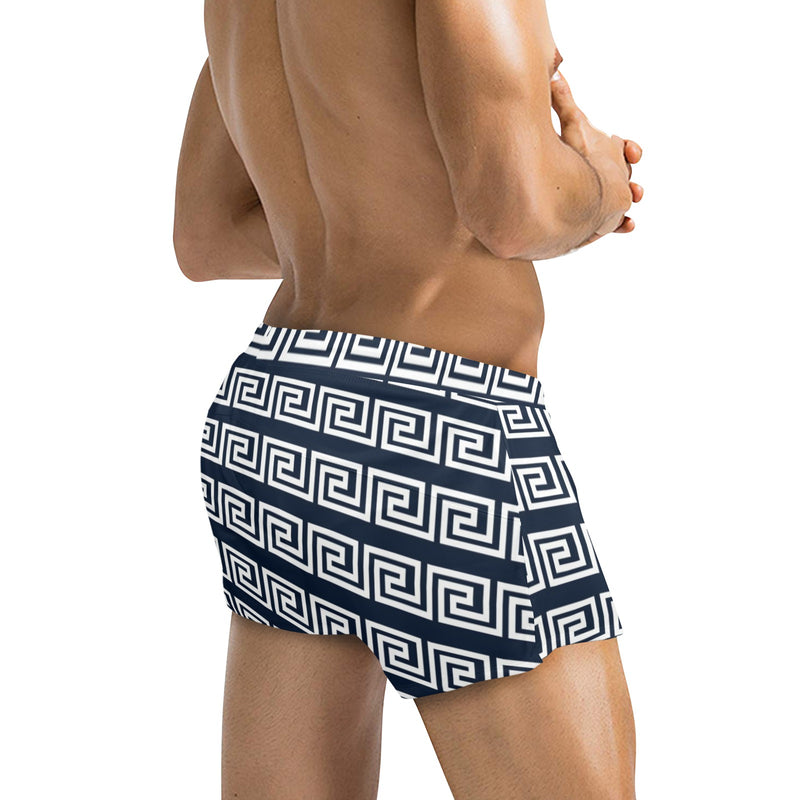 white on blue greek key print Men's Swim Trunks with Zipper Pocket (Model L71) - Objet D'Art
