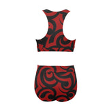 red and black scroll print Crop Top Bikini Set (Model S21) - Objet D'Art