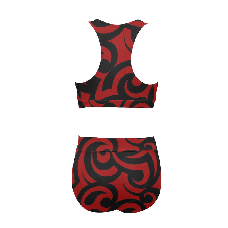 red and black scroll print Crop Top Bikini Set (Model S21) - Objet D'Art