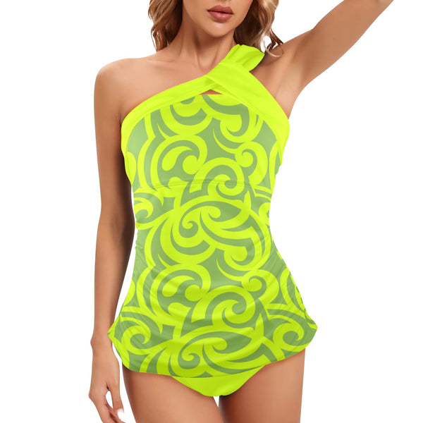 neon green scroll print 2 Women's One Shoulder Backless Swimsuit (Model S44) - Objet D'Art