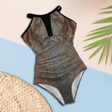 bronze print 2 swimsuit Women's High Neck Plunge Mesh Ruched Swimsuit (S43) - Objet D'Art