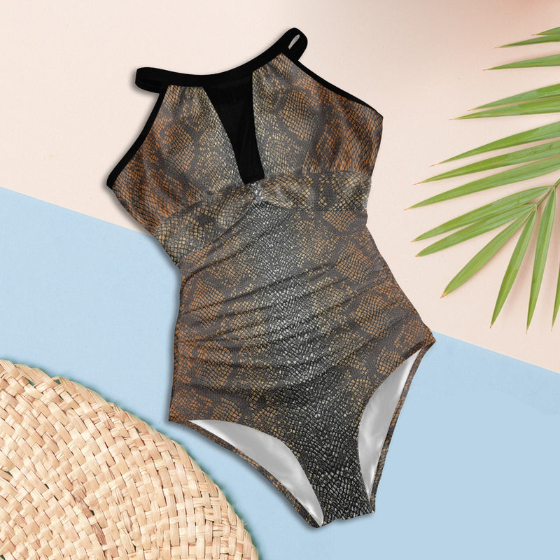bronze print 2 swimsuit Women's High Neck Plunge Mesh Ruched Swimsuit (S43) - Objet D'Art