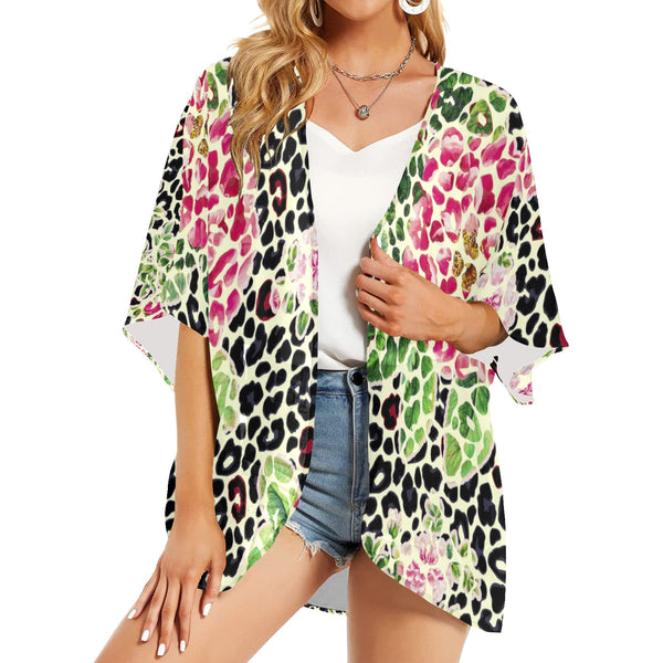 leopard rose print 2 Women's Kimono Chiffon Cover Up (Model H51) - Objet D'Art