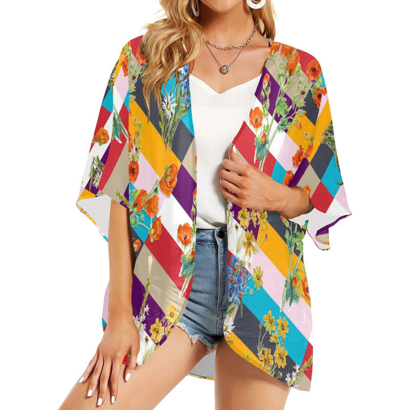 floral striped swimwear Women's Kimono Chiffon Cover Up (Model H51) - Objet D'Art
