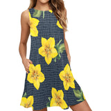 yellow flora print copy Sleeveless A-Line Pocket Dress (Model D57) - Objet D'Art