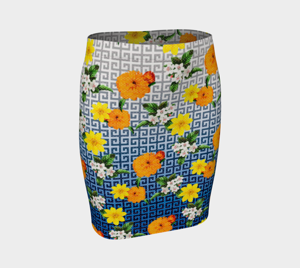 Greek Key Blue Floral  Lattice Fitted Skirt - Objet D'Art