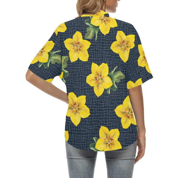 yellow flora print copy All Over Print Hawaiian Shirt for Women (Model T58) - Objet D'Art