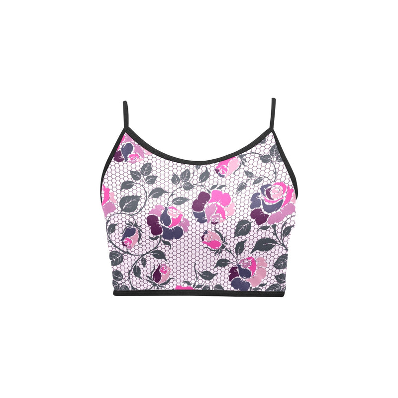 ROSE MULTICOLORED GRAY PINK PRINT 5 Women's Spaghetti Strap Crop Top (Model T67) - Objet D'Art