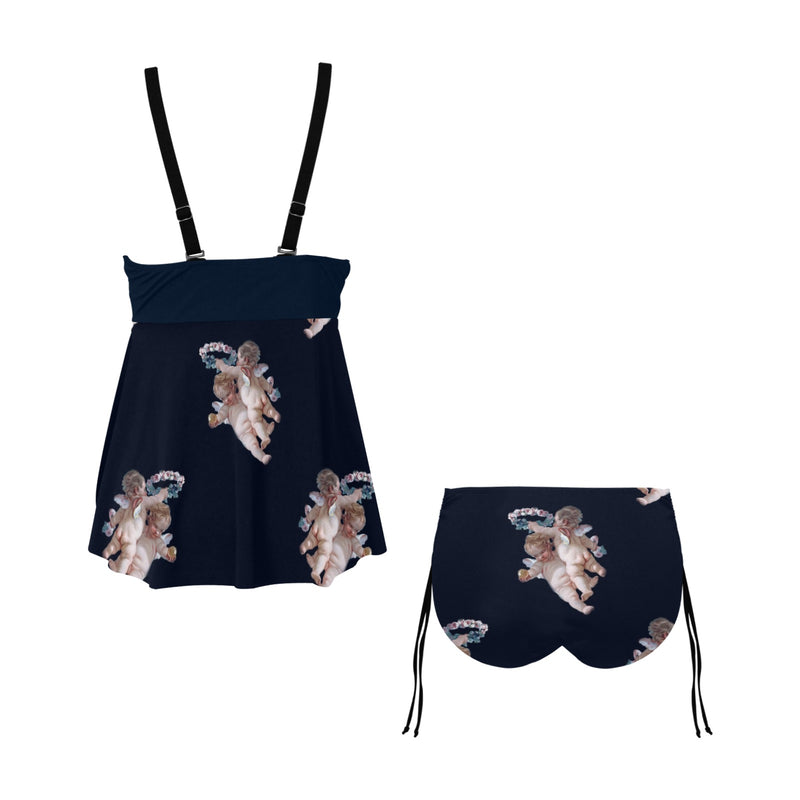 navy blue 2 print 4 Chest Drawstring Swim Dress (Model S30) - Objet D'Art