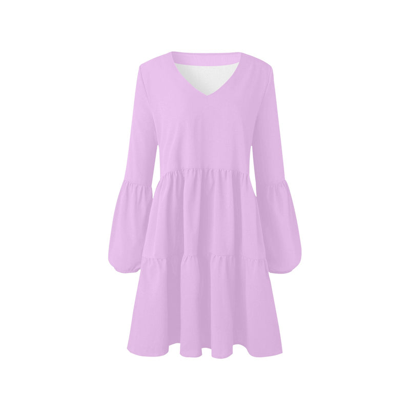 lavender solid print 2 V-Neck Loose Fit Dress (Model D62) - Objet D'Art