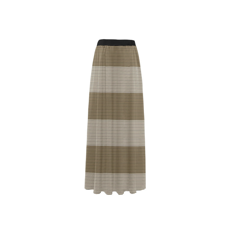 microstriped brown beige print 2 High Slit Long Beach Dress (Model S40) - Objet D'Art