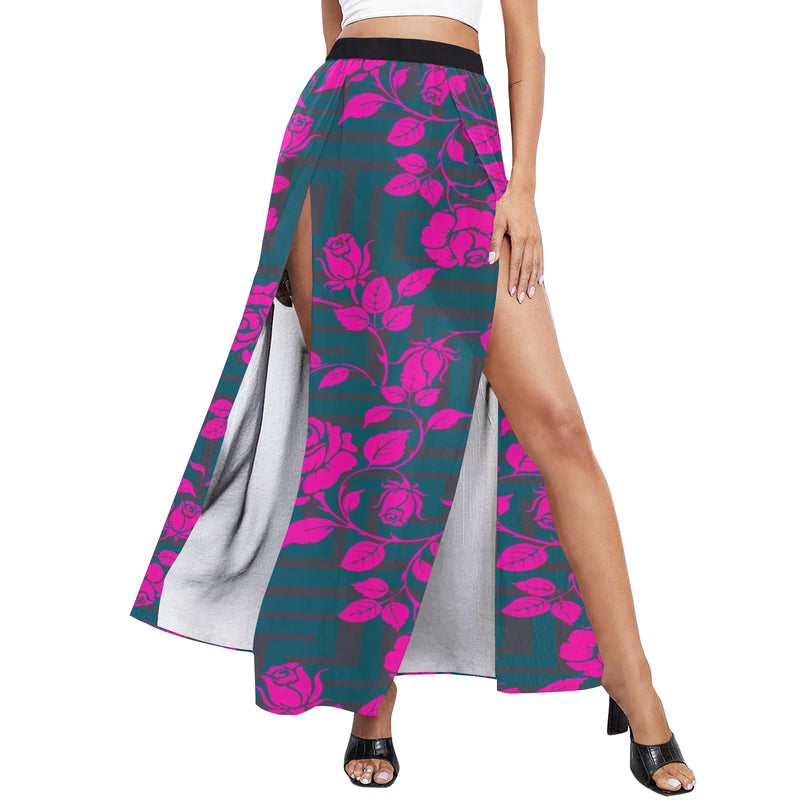 fuchsia rose emerald green greek key print 4 High Slit Long Beach Dress (Model S40) - Objet D'Art