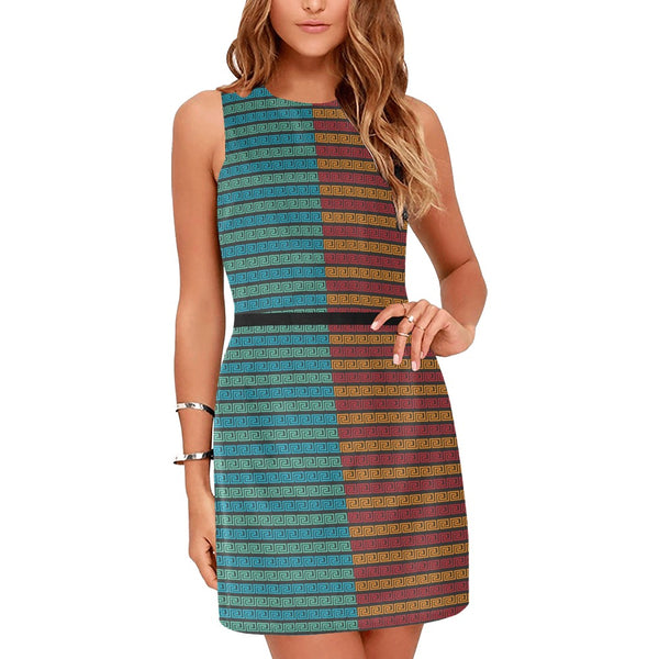 warm cool greek key print Eos Women's Sleeveless Dress (Model D01) - Objet D'Art