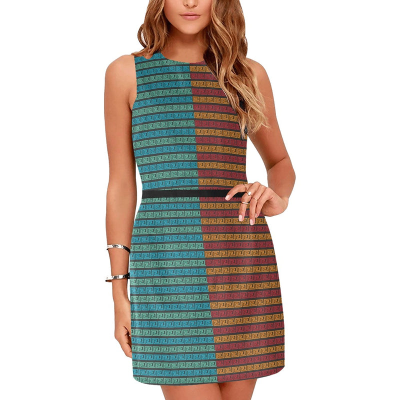 warm cool greek key print Eos Women's Sleeveless Dress (Model D01) - Objet D'Art