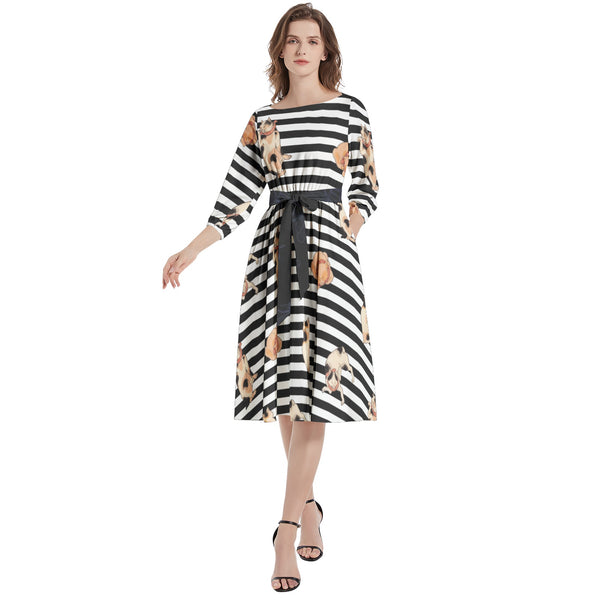 Boat Neck Belted Flared Dress - Objet D'Art