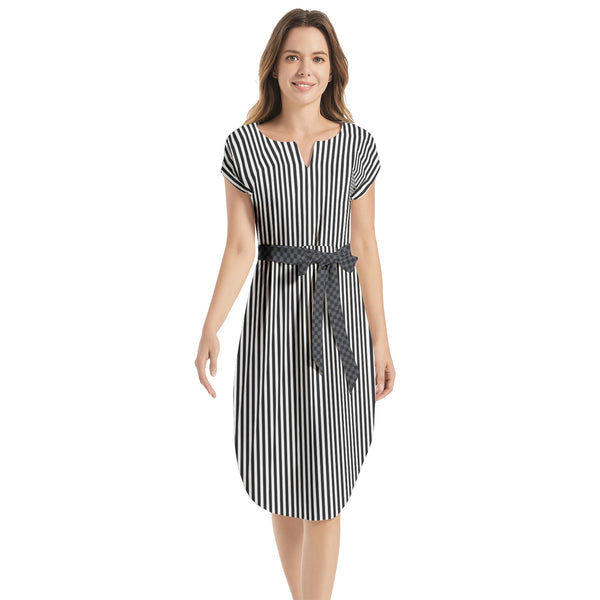 Notched Neck Belted Dress - Objet D'Art