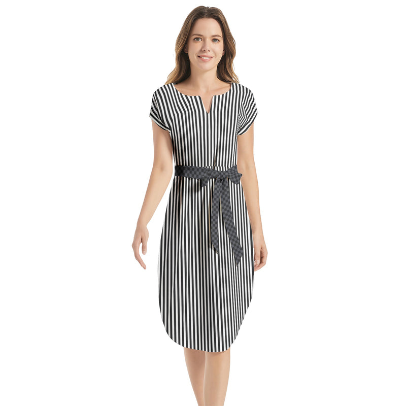 Notched Neck Belted Dress - Objet D'Art