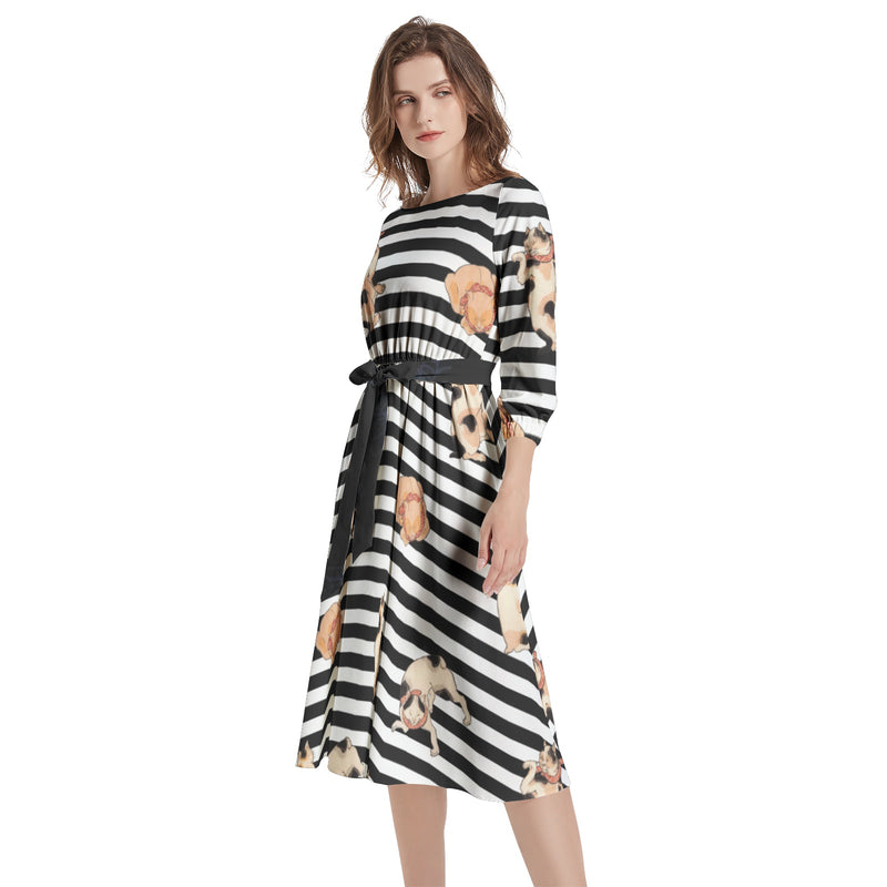 Boat Neck Belted Flared Dress - Objet D'Art