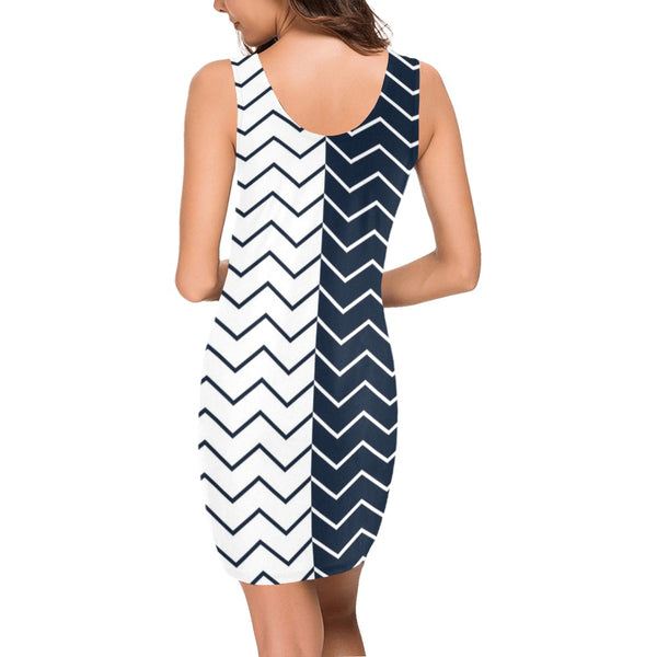 chevron blue and white print Medea Vest Dress (Model D06) - Objet D'Art