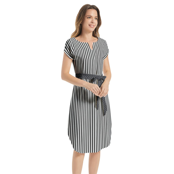 Notched Neck Belted Dress - Objet D'Art