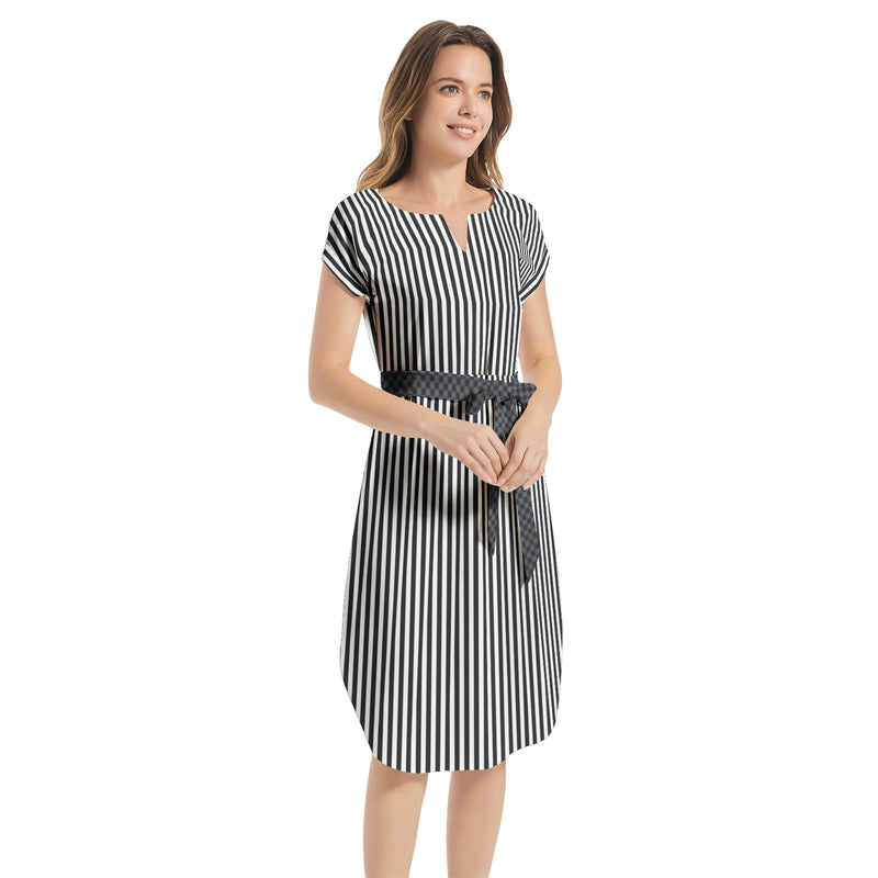 Notched Neck Belted Dress - Objet D'Art