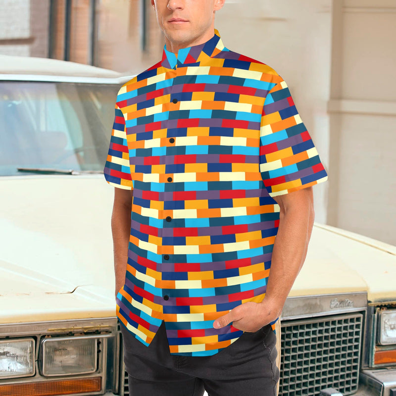 self portrait color scheme print Men's Stand-Up Collar Short Sleeve Shirt - Objet D'Art