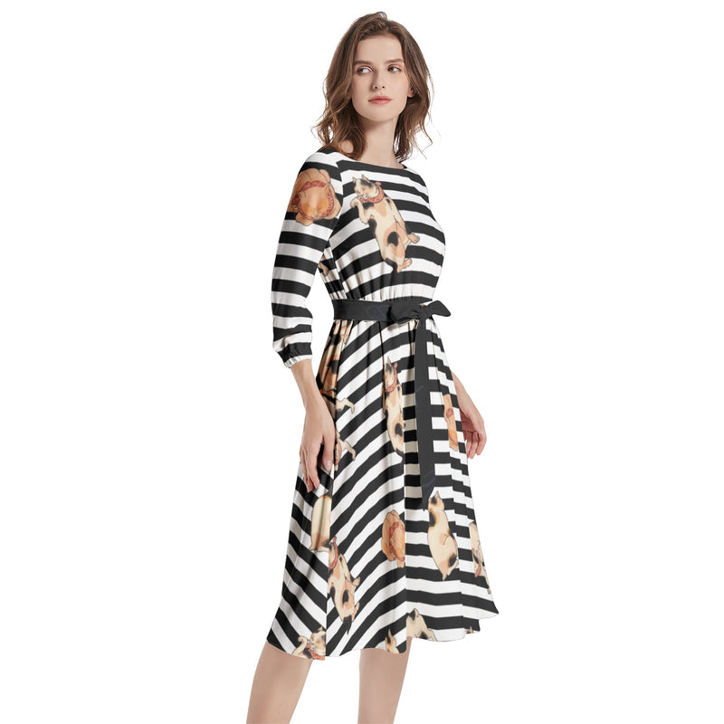 Boat Neck Belted Flared Dress - Objet D'Art