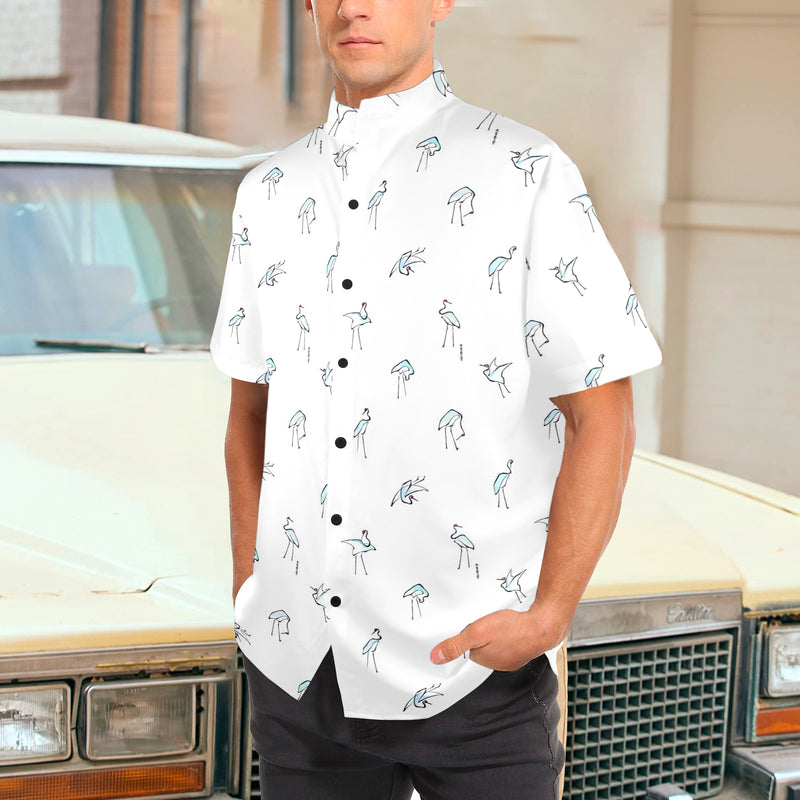 crane 4 hokusai print 2 Men's Stand-Up Collar Short Sleeve Shirt - Objet D'Art