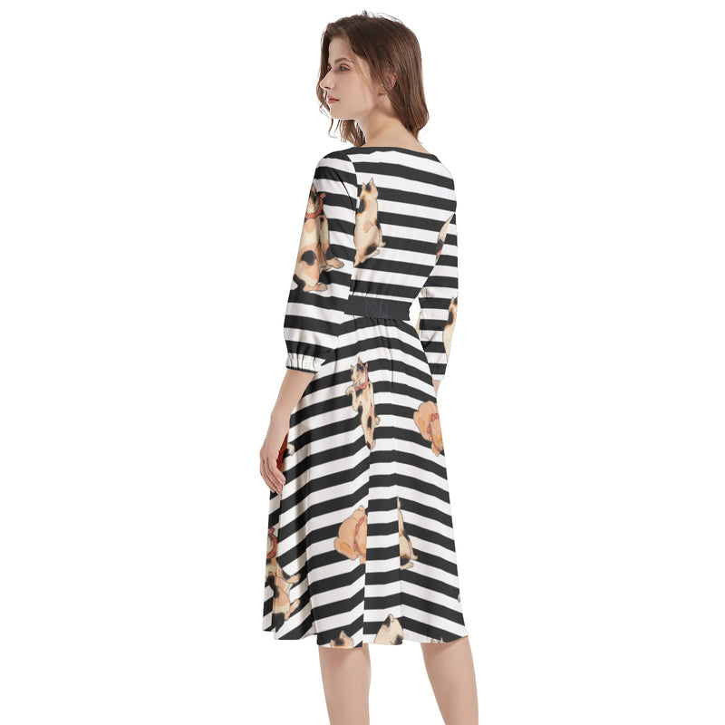 Boat Neck Belted Flared Dress - Objet D'Art
