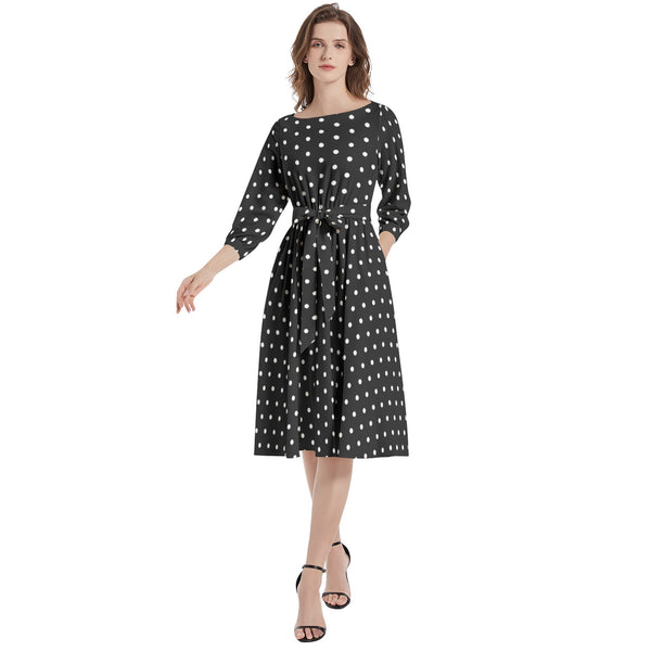 Boat Neck Belted Flared Dress - Objet D'Art