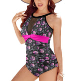 fuchsia solid print 6Q Women's High Neck Plunge Mesh Ruched Swimsuit (S43) - Objet D'Art