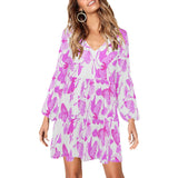butterfly pink on white print V-Neck Loose Fit Dress (Model D62) - Objet D'Art