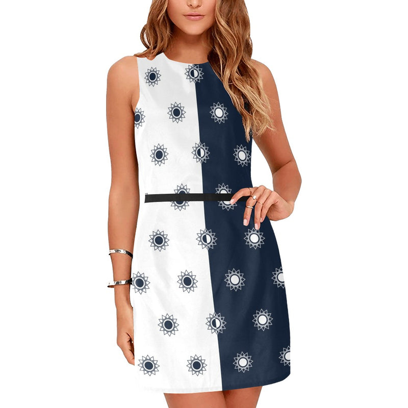 two tone blue star polka dots solid print 5 Eos Women's Sleeveless Dress (Model D01) - Objet D'Art