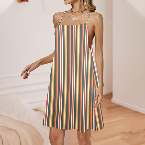 autumn stripes print 2 Drawstring Neck Sleeveless Dress (Model D68) - Objet D'Art