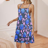 BLUE PINK ROSE PRINT copy Drawstring Neck Sleeveless Dress (Model D68) - Objet D'Art