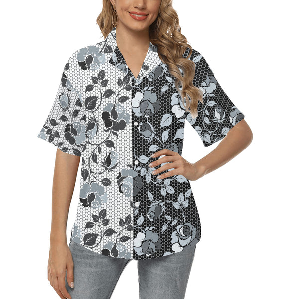 selenium gray print 2 All Over Print Hawaiian Shirt for Women (Model T58) - Objet D'Art
