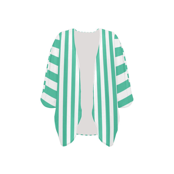 mint green striped print Women's Kimono Chiffon Cover Up (Model H51) - Objet D'Art